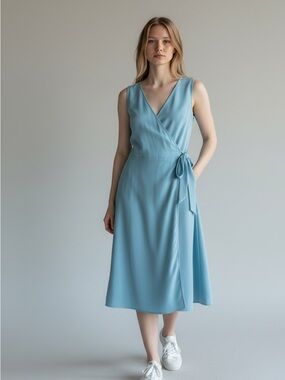 Halogen Light Blue Sleeveless Wrap Midi Dress